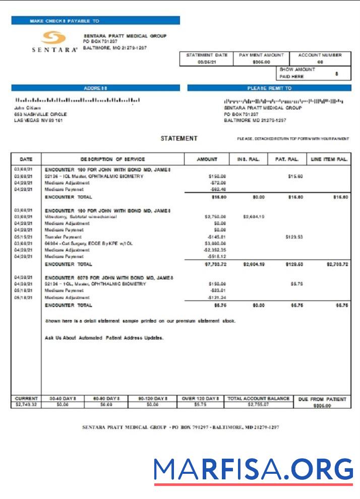 Downloadable USA Sentara Pratt Medical Group billing statement template